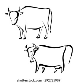 Set of silhouettes of a bull and the cow isolated on a white background. Farm design. Vector illustration.