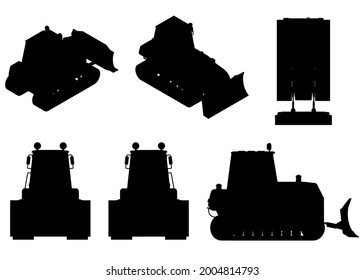 Set with silhouettes of a bulldozer in different positions isolated on a white background. Vector illustration