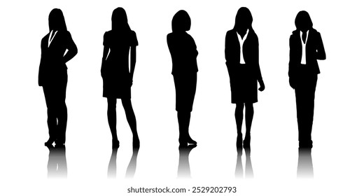 set of silhouettes Business man or office woman or women working with suit, office people of standing poses Inclusive business concept, Team of colleagues with reflection