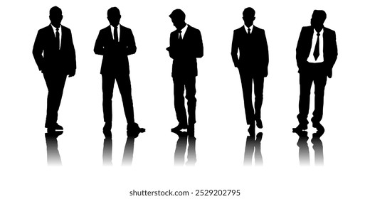 set of silhouettes Business man or office man working with suit, office people of standing poses Inclusive business concept, Team of colleagues with reflection