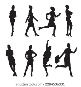 Conjunto de siluetas de mujeres de negocios en diferentes poses. ilustración vectorial