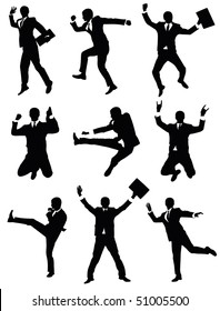 Set of silhouettes of a businessman jumping.