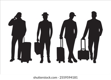 Set of silhouettes of businessmen holding suitcases, isolated vector