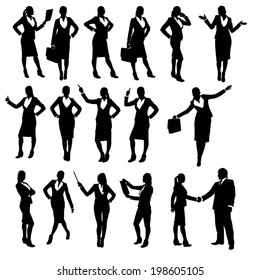 set of silhouettes of businesswoman in different poses