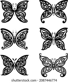 Set of silhouettes of butterflies elegant tattoo of illustration