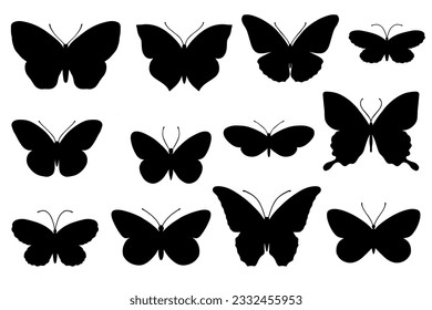 Conjunto de siluetas de mariposas, polillas nocturnas.Gráficos vectores.