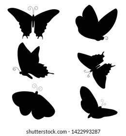 Set of silhouettes of butterflies on a white background. Isolated design elements. Wall stickers. Vector illustration