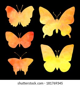 set of silhouettes of butterflies in watercolor, hand drawn vector illustration