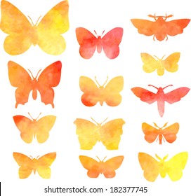 set of silhouettes of butterflies in watercolor, hand drawn vector illustration