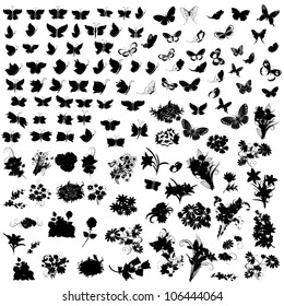 set of silhouettes butterfly and flowers