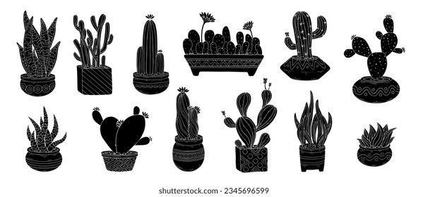 Set of silhouettes of cacti,succulents in a flower pot.Vector graphics.