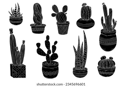 Set of silhouettes of cacti,succulents in a flower pot.Vector graphics.