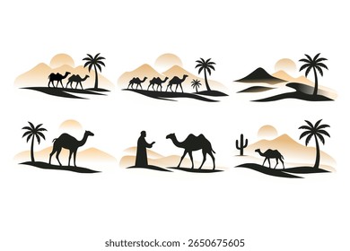 Set of silhouettes of camels and date palms, desert silhouettes, Arabic backgrounds suitable for e-book covers, magazines, books, Ramadan backgrounds 