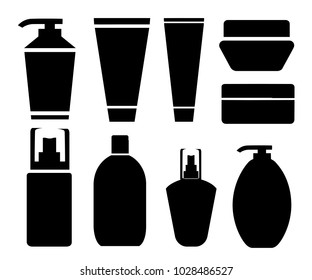 Set silhouettes of cans cream shampoo balm mask and cosmetics for face care and body black glossy cosmetics bottle vector illustration isolated on white background web site page and mobile app design.