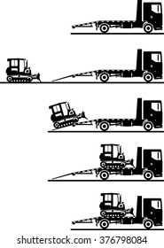 Set of silhouettes car auto transporter and dozer isolated on white background in different positions. Vector illustration.
