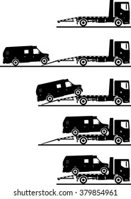 Set of silhouettes car auto transporter and van isolated on white background in different positions. Vector illustration.