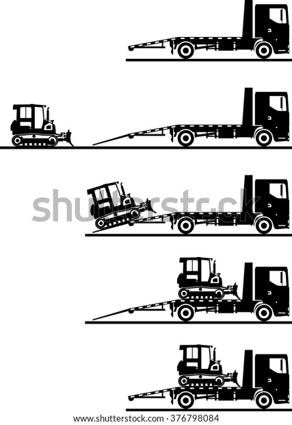 Set of silhouettes car auto transporter and\
dozer isolated on white background in different positions. Vector\
illustration.
