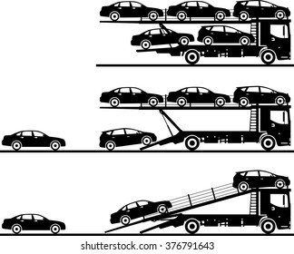 Set of silhouettes car auto transporters isolated on white background in flat style in different positions. Vector illustration.