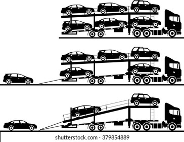 Set of silhouettes car auto transporters isolated on white background in flat style in different positions. Vector illustration.