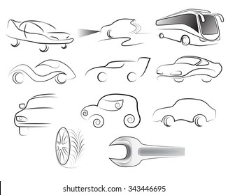 A set of silhouettes of car and bus on a white background