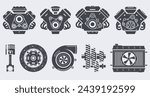 Set of silhouettes of car engines and other details. Car parts icons. Repair and maintenance of equipment. Vector illustration