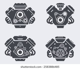 Set of silhouettes of car engines and other details. Car parts icons. Repair and maintenance of equipment. Vector illustration