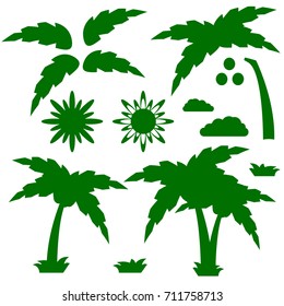 Set of silhouettes of a cartoon palm tree with sun, clouds and grass