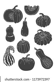 set of silhouettes of cartoon pumpkins. Can be used for logos and icons, as well as for other design.
