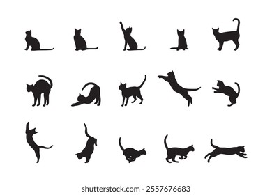 Set of silhouettes of cats in different poses. Hand drawn black cat, isolated on white background. Vector illustration.