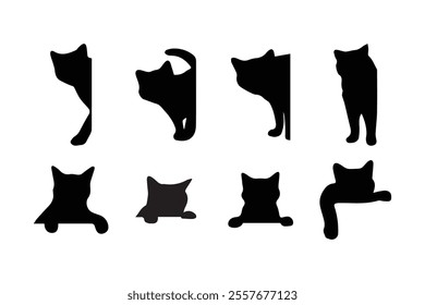 Set of silhouettes of cats in different poses. Black cat, isolated on white background. Vector illustration.