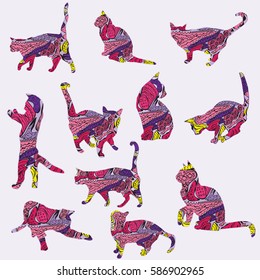 Set of silhouettes of cats in different poses color pattern