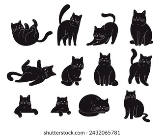 Set of silhouettes of cats. Funny cartoon black cats in different poses. Funny pets. Vector illustration