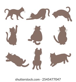 set of silhouettes of cats, hand-drawn in cartoon style on a white background.