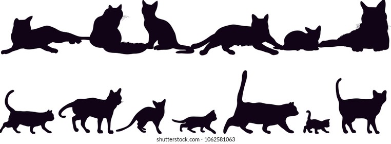 Set of silhouettes of the cats vector illustrations - Isolated on white background