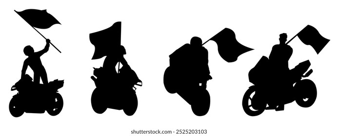 Set of silhouettes of celebrating motorbike racers carrying flags. Win the race. Isolated on a white background. Vector illustration.