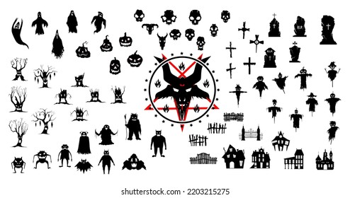 Set of silhouettes for the celebration of Halloween on a white background. Collection of vector black and white icons. Design elements for use in greeting cards.