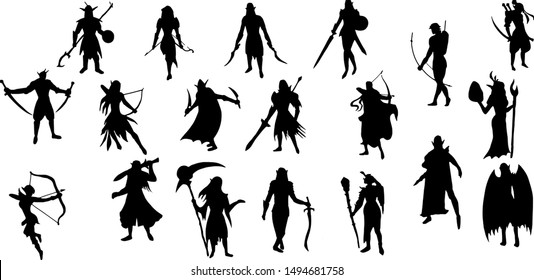 
Set of silhouettes of characters, elves, black and white, vector illustration