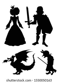 Set of silhouettes with characters from fairy tales. Princess, knight with sword, dragon, old witch