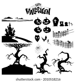 Set of silhouettes of characters and objects for halloween