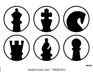 Set of silhouettes of chess pieces in circles, a collection of vector icons. Traditional Christmas holiday game.