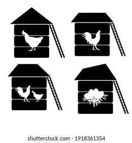 Set of silhouettes of chicken coops with cut out contours of poultry and nest with eggs vector illustration