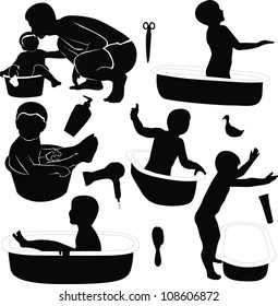 set of silhouettes of children bathing