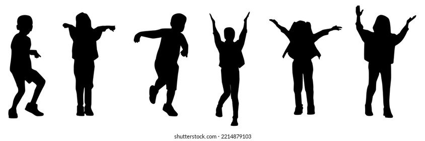 Set of silhouettes of children dancing Children rejoicing  Children are playing.  Cute children, boys, girls. Have fun. Silhouettes of people making poses. Vector illustration.