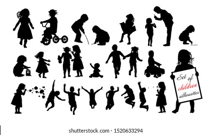 A set of silhouettes of children. Happy childhood. Vector illustration