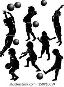 set of silhouettes of children playing ball isolated on white background