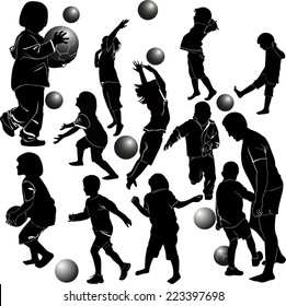 set of silhouettes of children playing ball isolated on white background