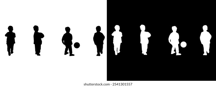 Set of silhouettes of children playing bowling. Bowler, hobby, sport. Different poses. Black and white vector illustration.