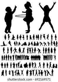 Set of silhouettes of children playing, childhood, vector