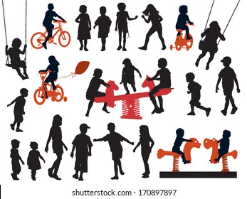 A set of silhouettes, children playing in a playground. 