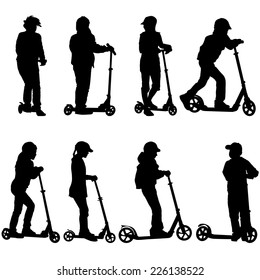 Set of silhouettes of children riding on scooters. Vector illustration.